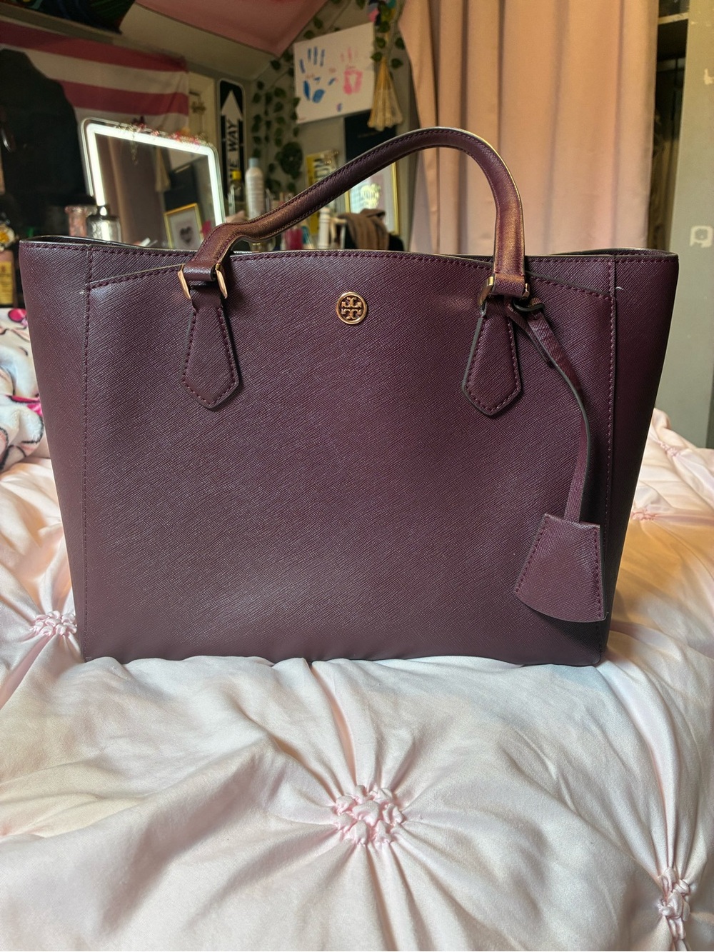 Tory Burch Structured Double-Handle Tote in Plum